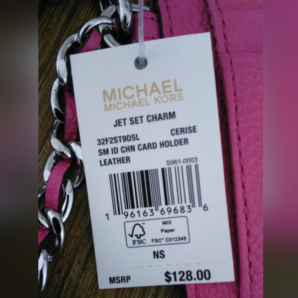 Michael Kors Hot Pink Pebbled Leather Jet Set Charm ID Card Holder with Chain - Picture 5 of 6